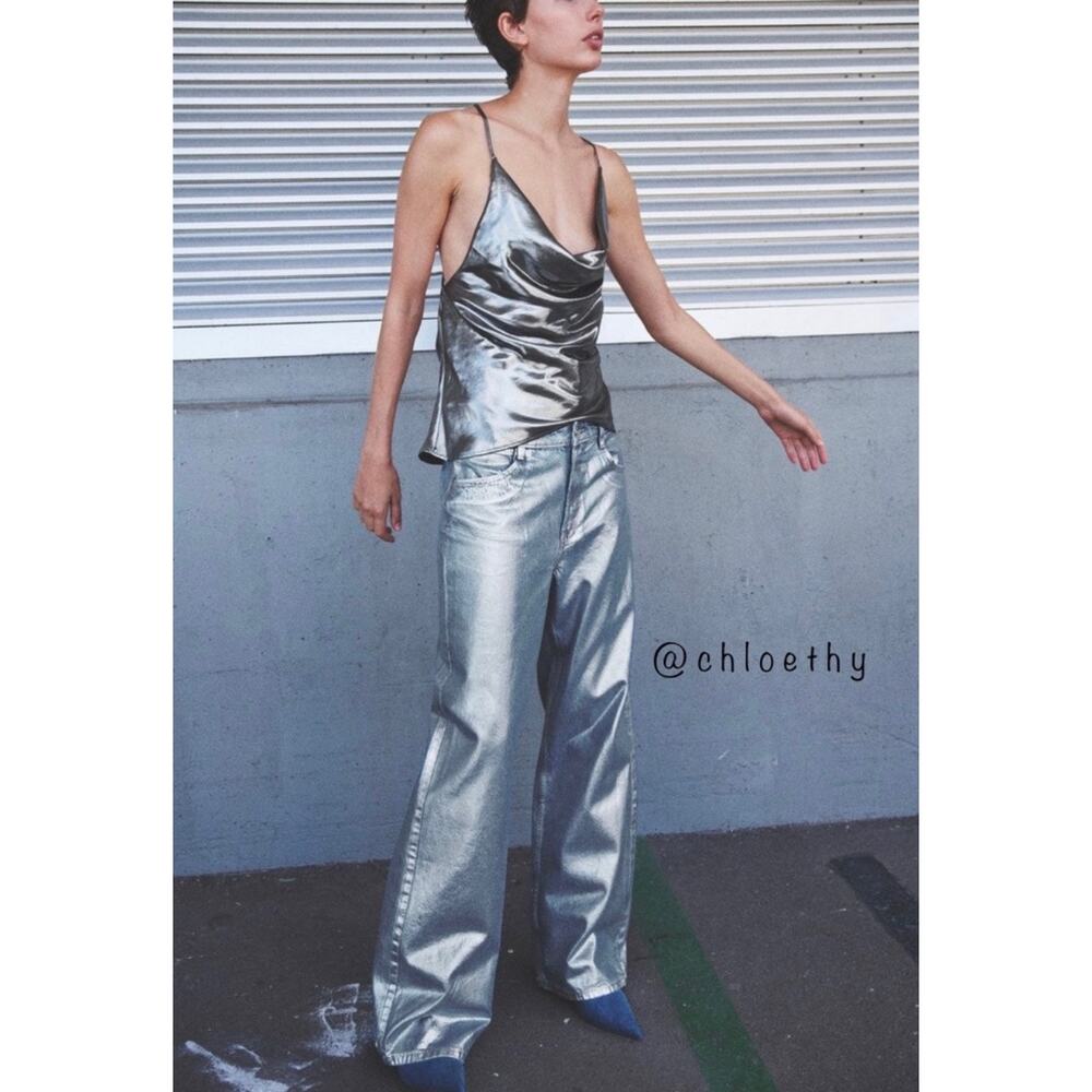 Zara Z1975 Mid Rise Straight Cut Metallic Jeans NWT Size 0 Silver Foil Denim